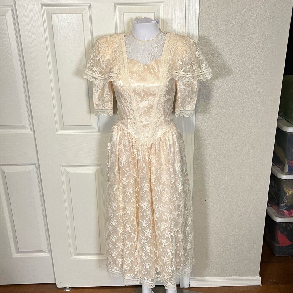 Vintage Gunne Sax Dress Womens Sz 3 Pink Floral Lace Ruffle Prairie Peasant